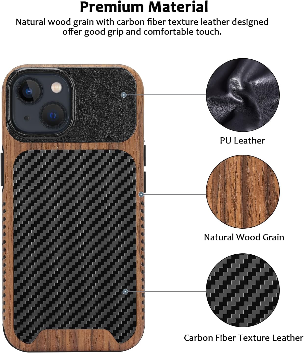 ZZDZZ Funda magnética compatible con iPhone 13 Mini compatible con MagSafe diseño de fibra de carbono de madera y cuero, funda híbrida a prueba de