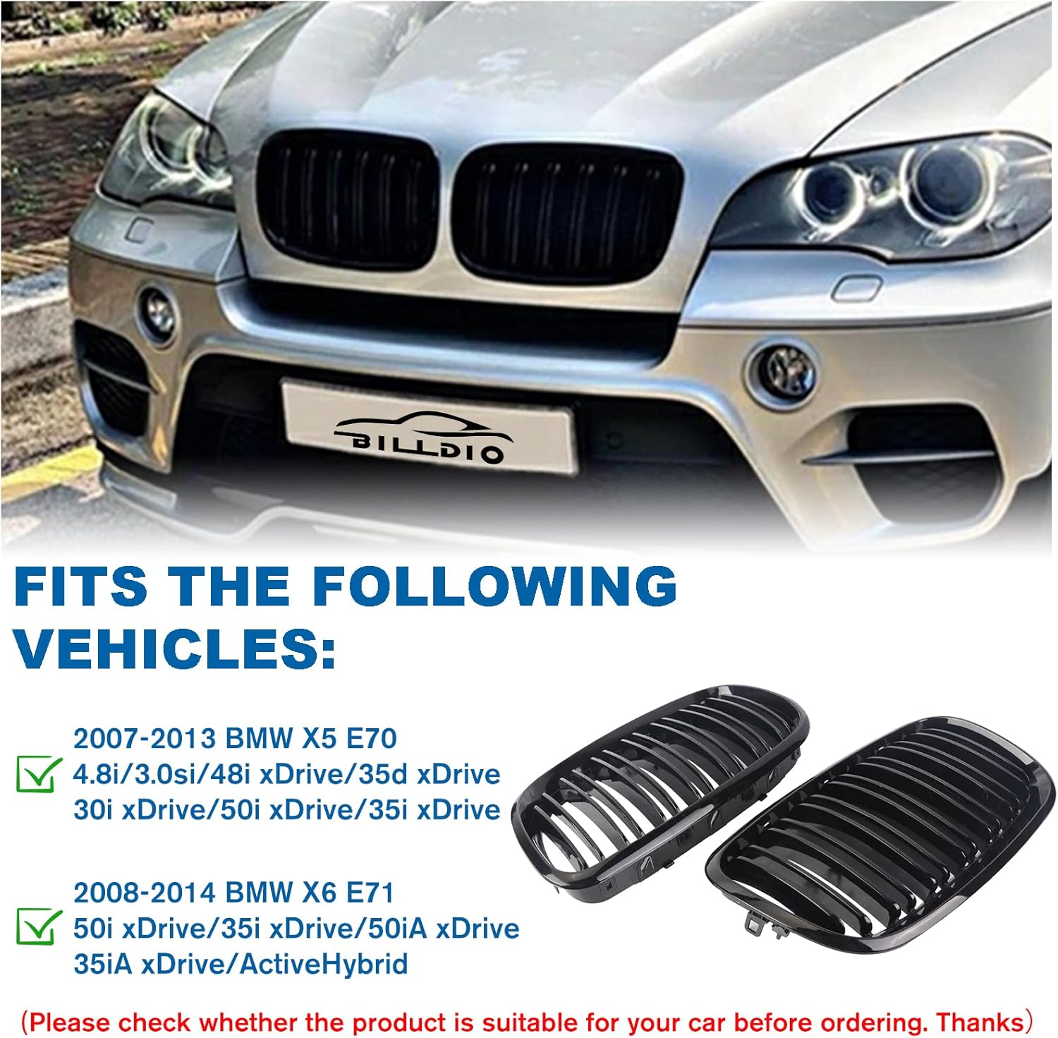 Parrilla de riñón para parachoques delantero, color negro brillante, compatible con BMW X5 E70 X6 E71 2007-2014 doble listón doble línea