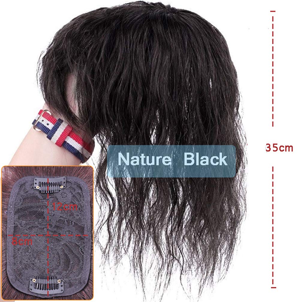 3 x 4.7 pulgadas con clip superior para mujer, pieza de cabello humano ligeramente rizado con flequillo lateral, color negro, 14 pulgadas