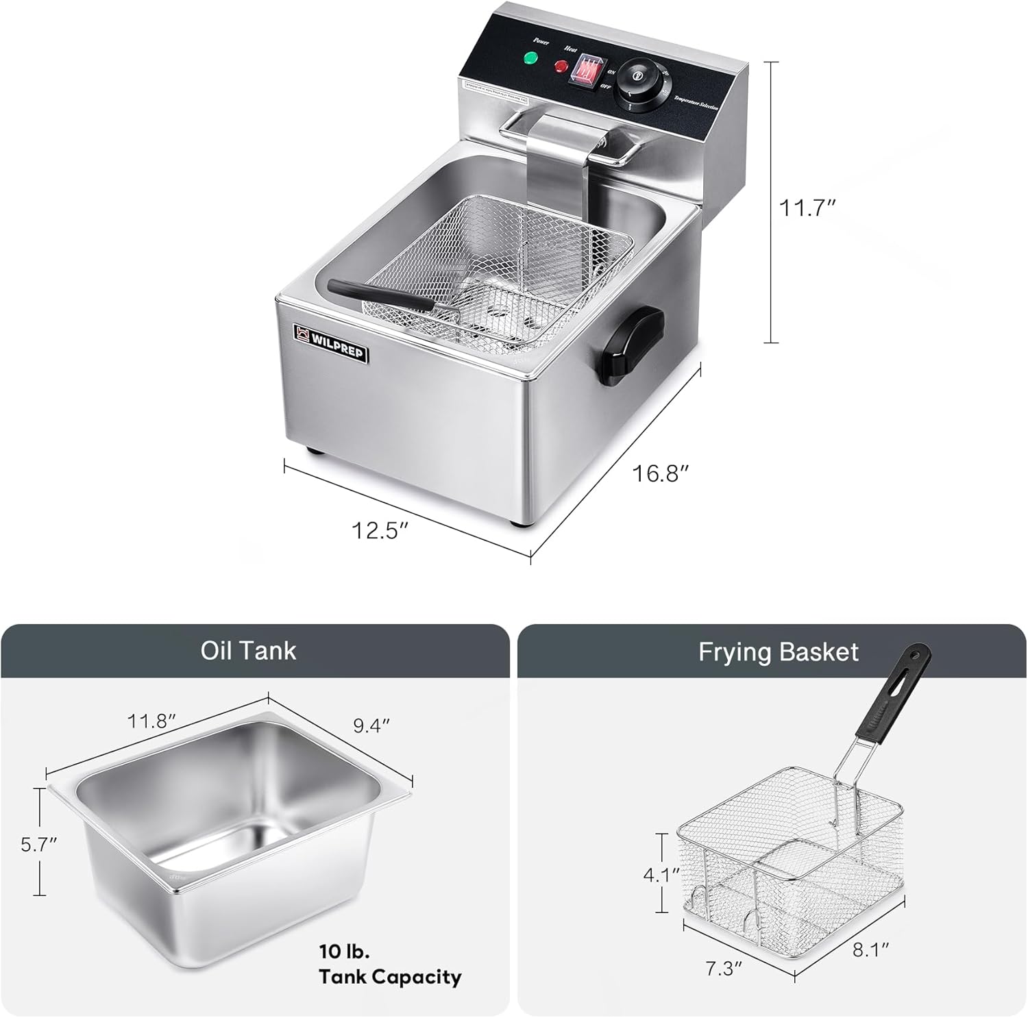 WILPREP Freidora eléctrica, freidora comercial de 10 libras con tanque extraíble, máquina de freír cocina con certificación ETL para uso doméstico,