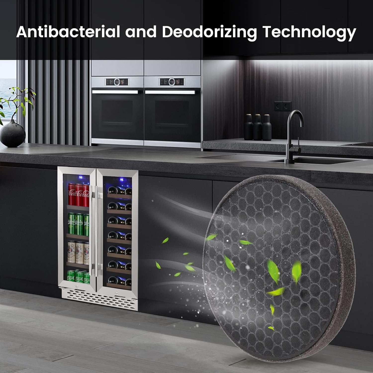 Refrigerador de vino y bebidas, 24 pulgadas, 55 latas y 20 botellas, enfriador de vino grande de doble zona con compresor silencioso, LED azul,