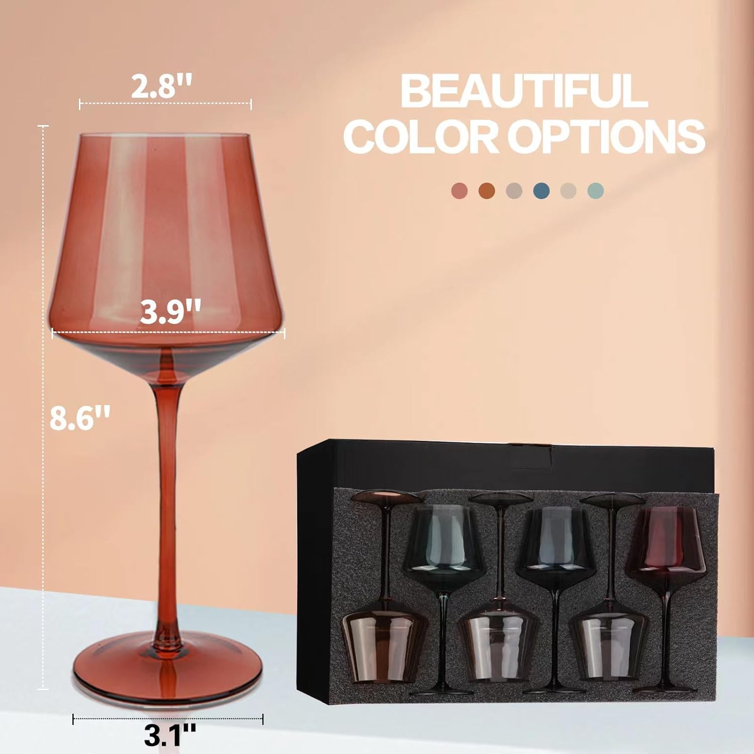 Yaschmo Juego de 6 copas de vino de colores y copas de champán, cristalería de color soplado a mano, moderno y elegante para amigos, familia, boda,