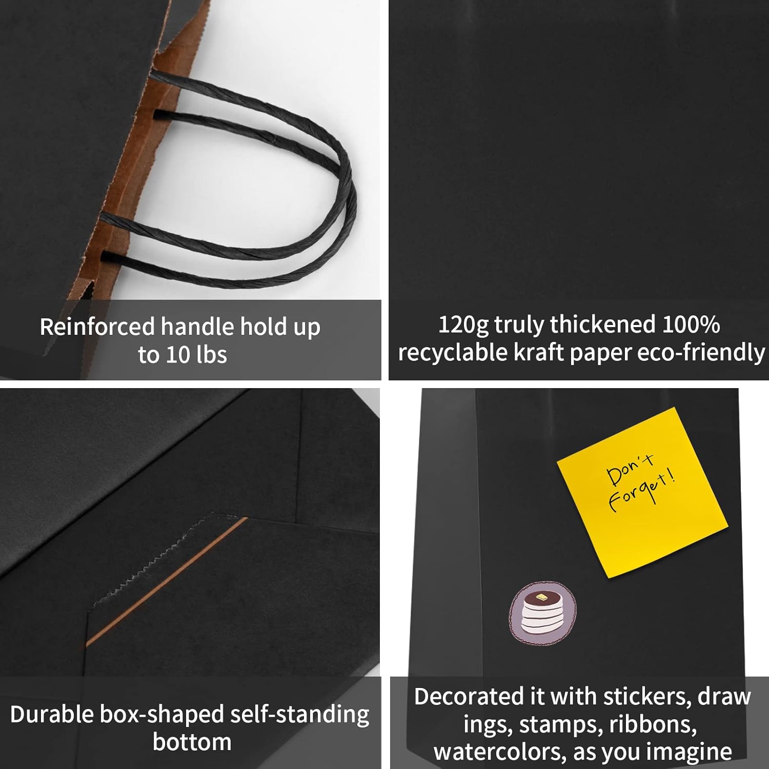 COGLARING 100 bolsas de regalo de 6.3 x 3.2 x 8.3 pulgadas, bolsa de papel kraft negro con asas a granel para recuerdos de comestibles al por menor,