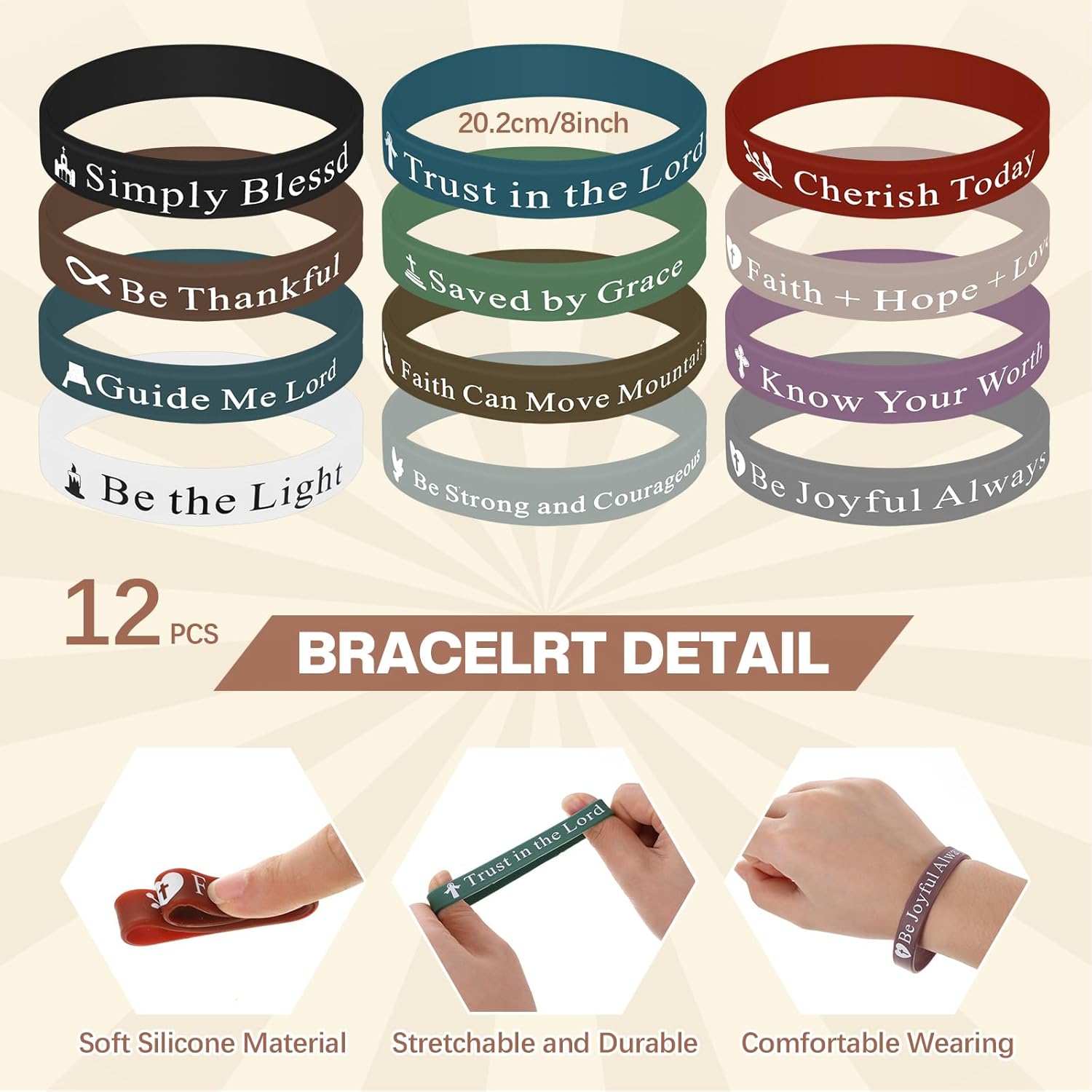 Glenmal Juego de 24 pulseras cristianas, regalos cristianos, bolígrafos de tinta negra, pulseras de goma de colores para niños, enfermeras,