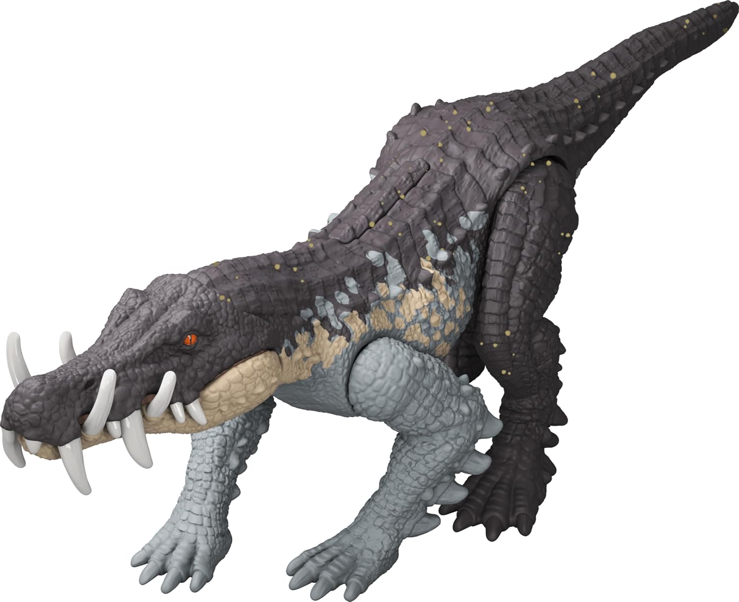 Mattel Jurassic World Strike Attack Kaprosuchus – Juguete de dinosaurio con acción de golpe único, articulaciones móviles, figura de acción de