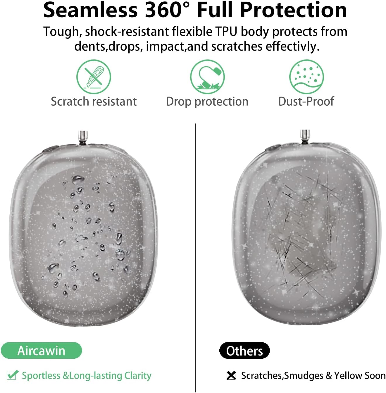 Aircawin Funda para AirPods Max, funda transparente con purpurina negra, funda transparente para Airpods Max, funda protectora de TPU suave,