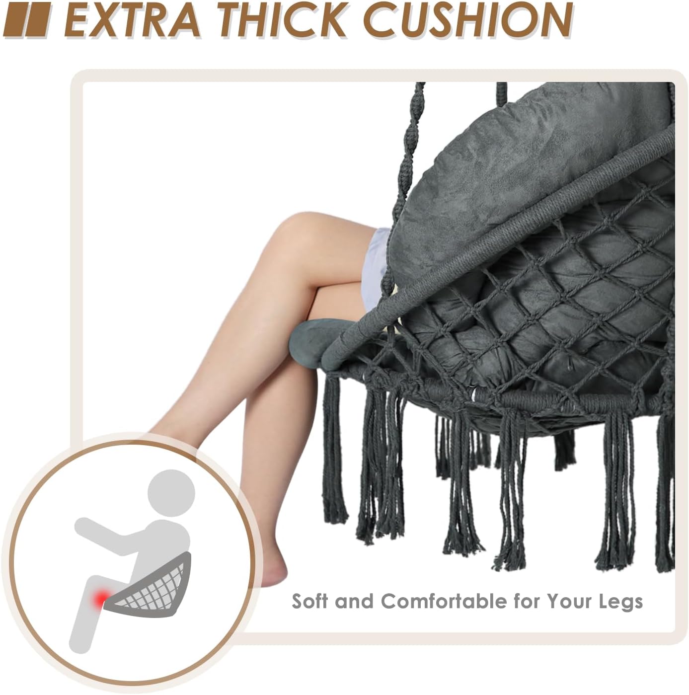 Silla hamaca con cojín, silla columpio de macramé hecha a mano con kits de accesorios para colgar, estilo bohemio, silla colgante de cuerda de