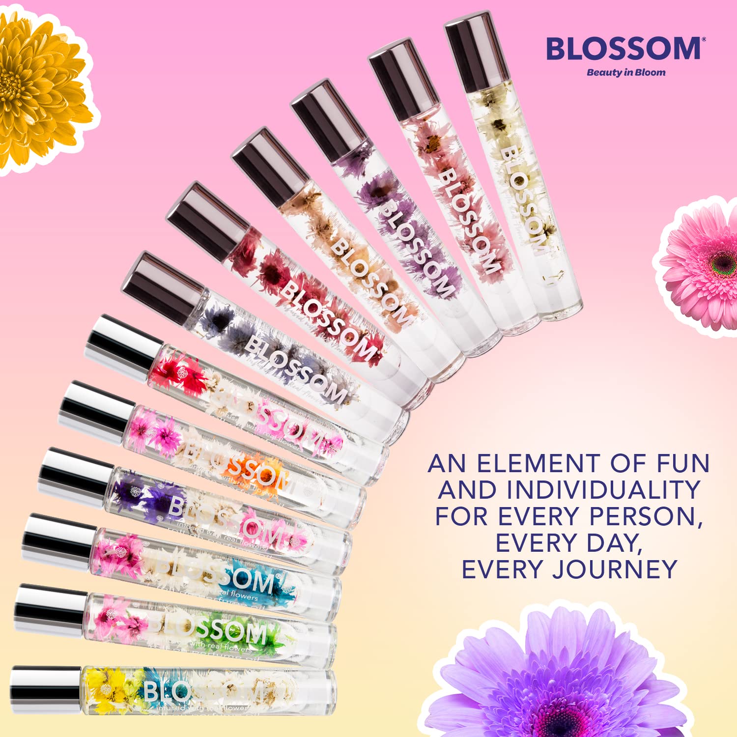 Blossom Aceite de perfume roll-on Rollerball con ingredientes naturales + aceites esenciales, infundido con flores reales, fabricado en Estados