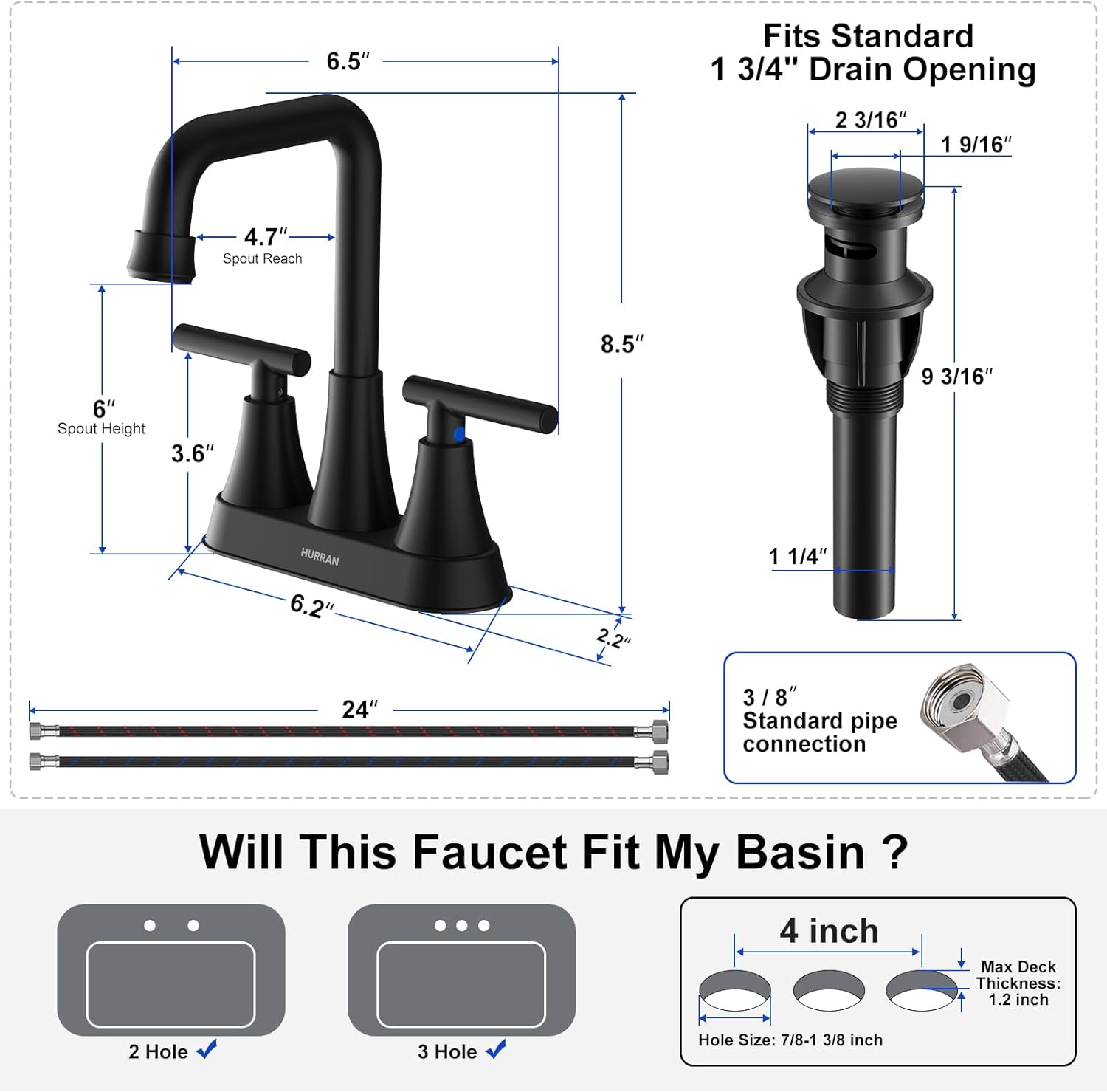 Grifo de lavabo de baño negro mate, 4 pulgadas, 3 agujeros con drenaje emergente y líneas de suministro, grifo central de acero inoxidable de 2