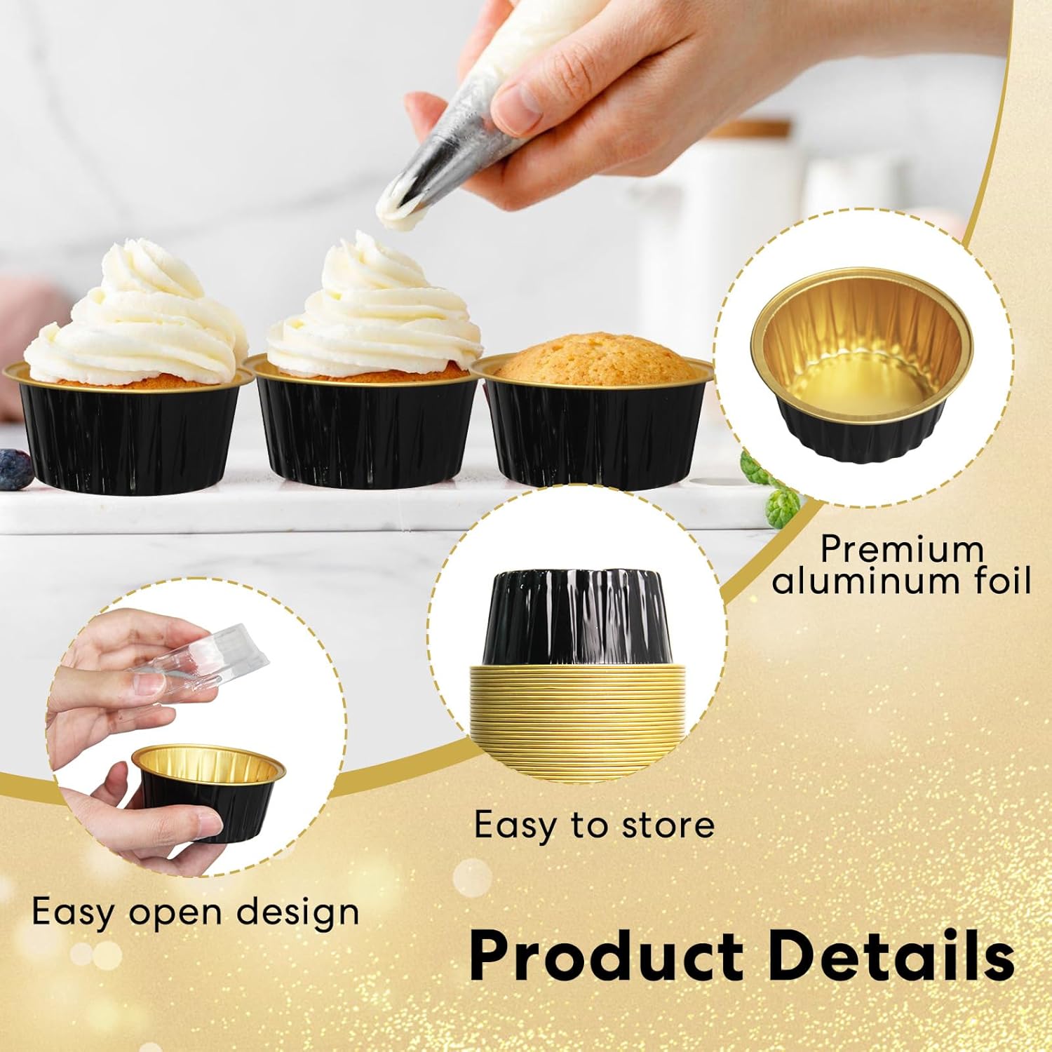 Paquete de 100 ramequines desechables de 5 onzas de papel de aluminio de oro negro con tapas, moldes desechables para magdalenas, magdalenas para