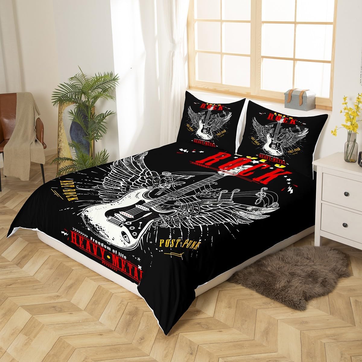 Feelyou Funda de edredón con temática de música rock, juego de ropa de cama con patrón musical para niños, adolescentes, alas de pájaro, funda de