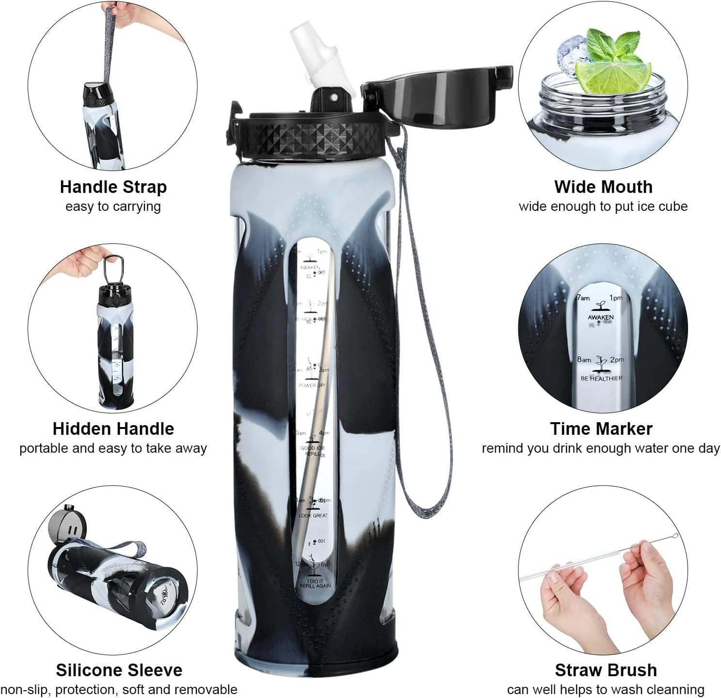 GOPPUS Botellas de agua de vidrio con popote y tapa abatible, botellas de agua motivacionales con recordatorio de marcador de tiempo y funda de