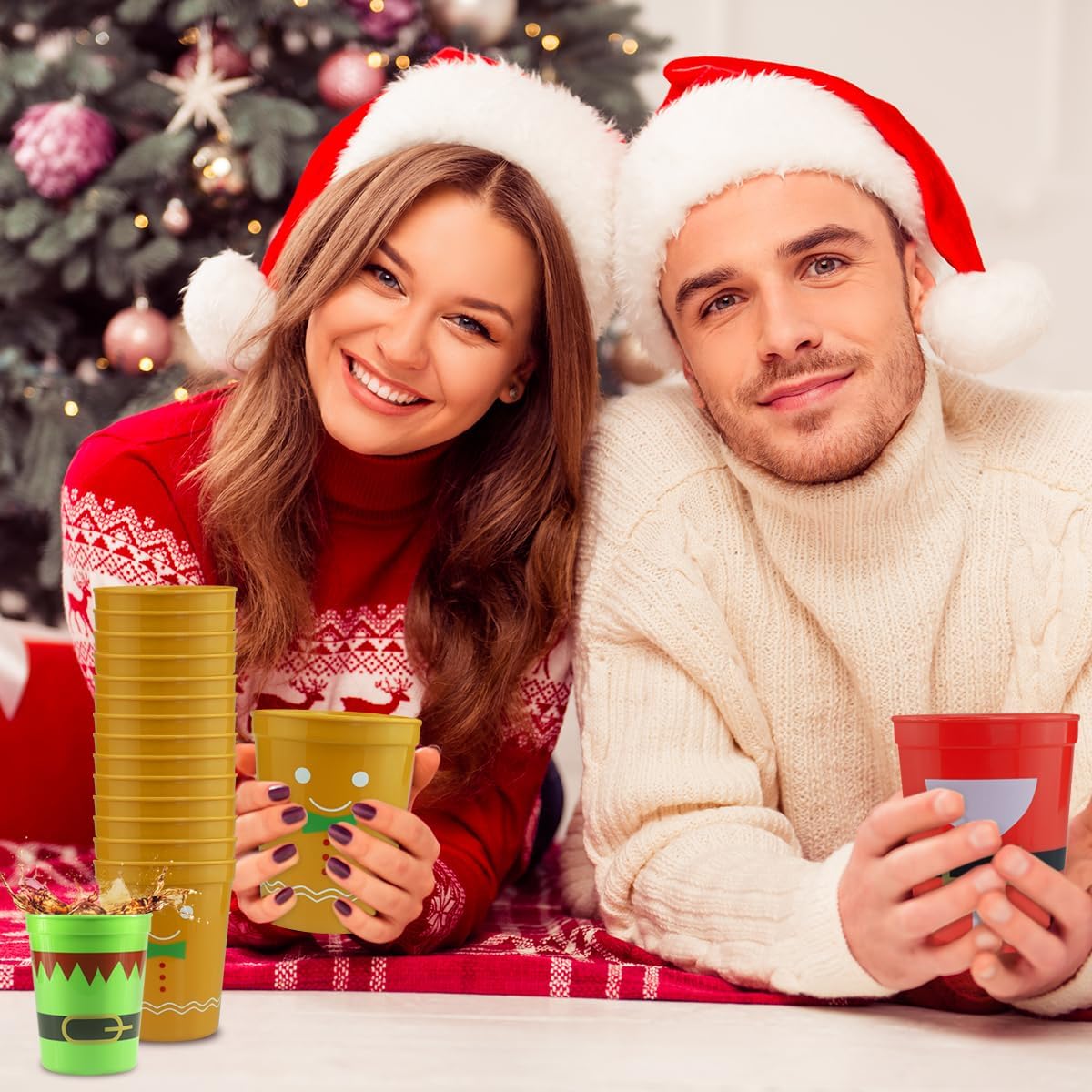 Rokochoes 24 vasos de plástico reutilizables para fiestas navideñas, con elementos navideños, aperitivos, tazones de Papá Noel, cuencos de helado,