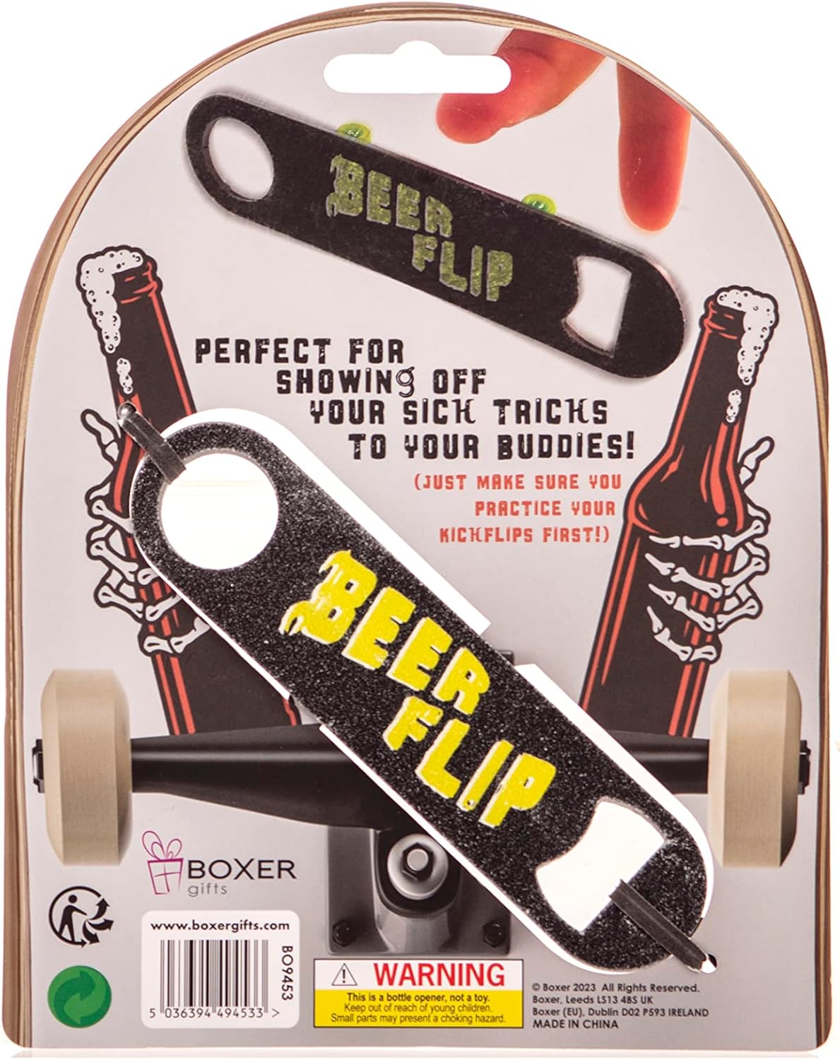 Boxer Gifts Beerflip ‘Spill’ – Abridor de botellas para patineta, regalo con temática de patinaje
