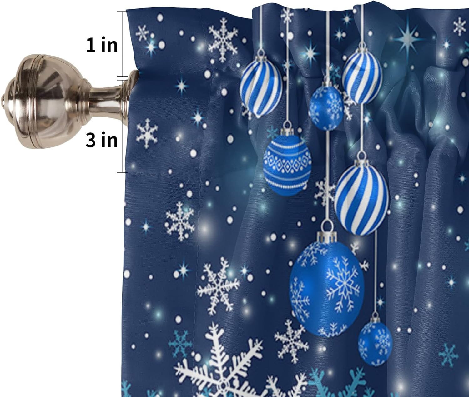 Cenefa de ventana de Navidad, copos de nieve de invierno, tratamiento de ventanas, bolas de Navidad, color azul, con bolsillo para barra, cenefa de