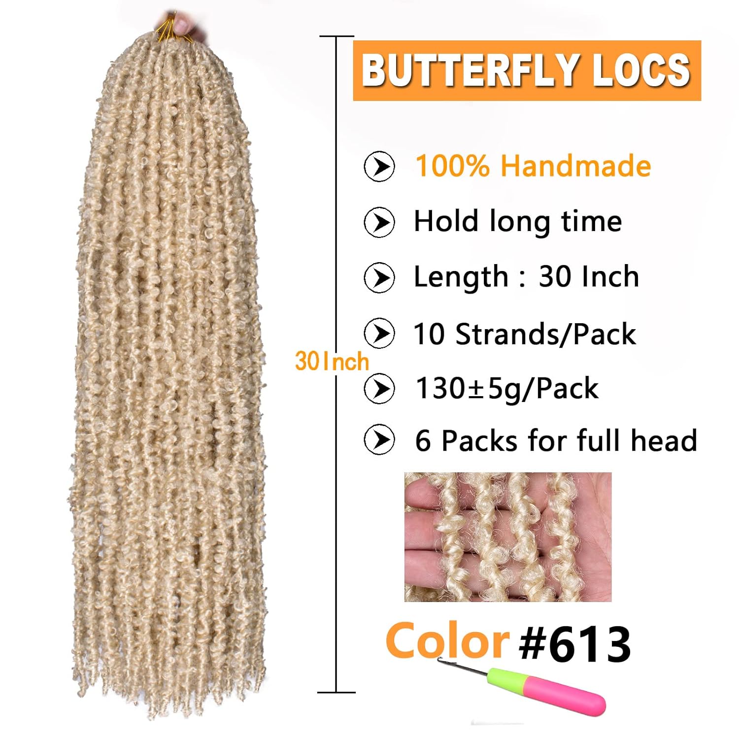 ZRQ 613 mechones de cabello de mariposa de 30 pulgadas, 613 rastas sintéticas desgastadas, 6 paquetes de extensiones de rastas de mariposa rubias