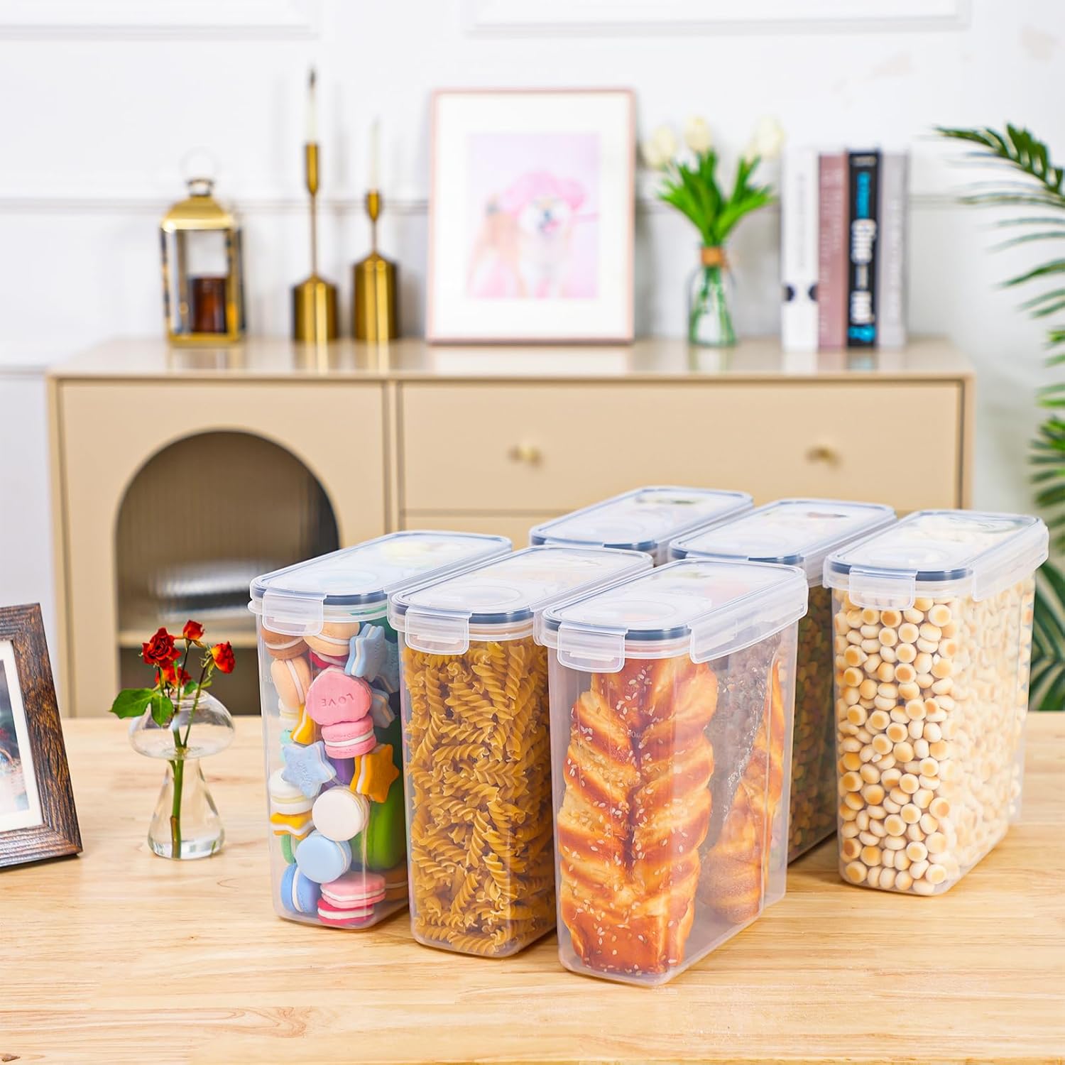 Moretoes Recipientes de cereales, 6 unidades de 4L 135 oz de plástico para despensa de cereales con cucharas medidoras, para harina, azúcar, arroz