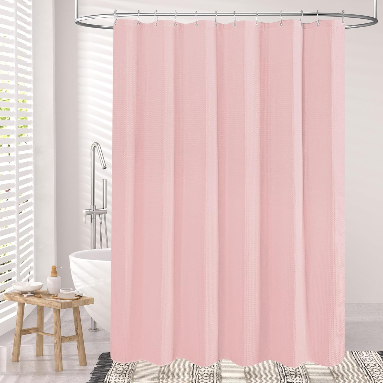 AmazerBath Cortina de ducha de punto gofre, cortina de ducha de tela rosa rubor con tejido de gofre, cortinas de ducha de baño de calidad de hotel,