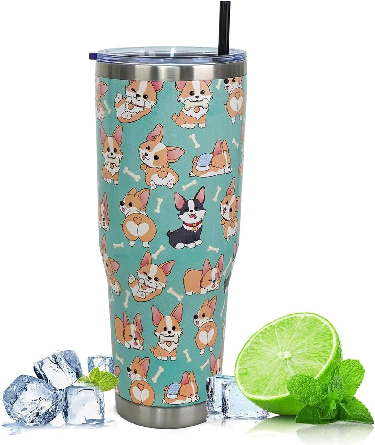 Vaso de 40 onzas con asa y pajita, botella de agua Corgi Stuff de acero inoxidable con aislamiento de Corgi, taza de viaje de café Corgi, regalos