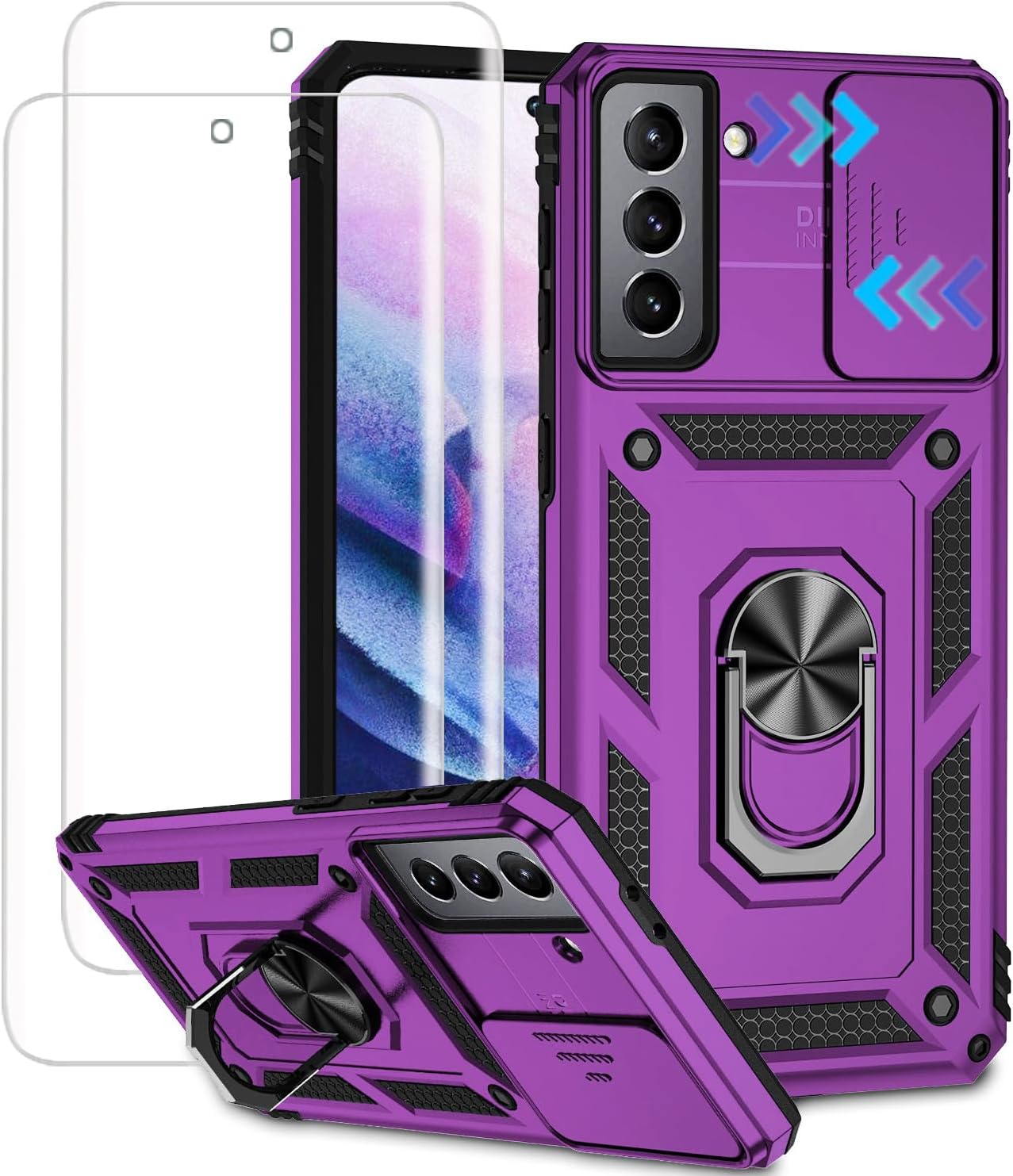 Funda para Samsung Galaxy S21 con funda deslizante para cámara y protector de pantalla de TPU flexible autorreparable 2 unidades, soporte de anillo