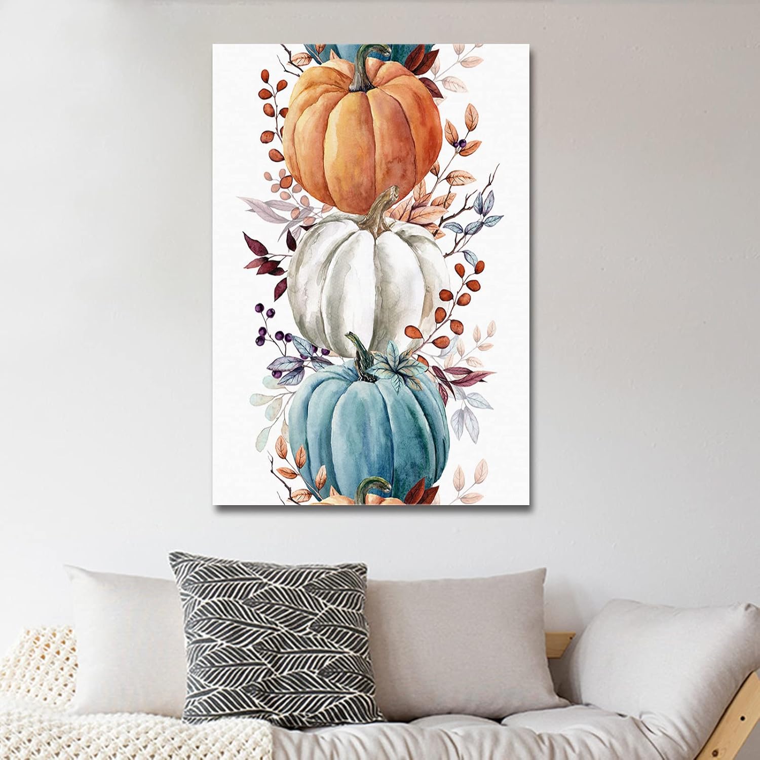 Decoración de pared, lienzo de Acción de Gracias con hojas de eucalipto azul y naranja, arte de pared para dormitorio, sala de estar, baño, cocina,