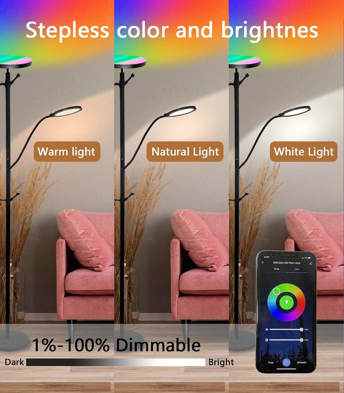 Lámpara de pie inteligente RGB, lámpara de sala de estar, lámpara de ropa y sombrero, lámpara de pie LED luz principal y lámpara de lectura lateral,