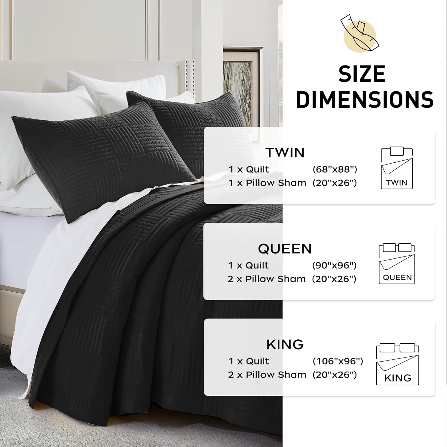 Lavsiry Juego de edredón negro tamaño individual, colcha ligera de verano con patrón cuadrado, colcha de microfibra suave para todas las estaciones,