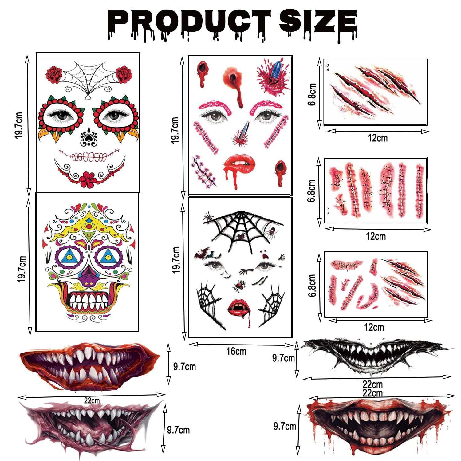 Tatuajes faciales adhesivos de Halloween para la cara, tatuajes temporales para adultos, calcomanías de maquillaje para fiesta de Halloween, kit de
