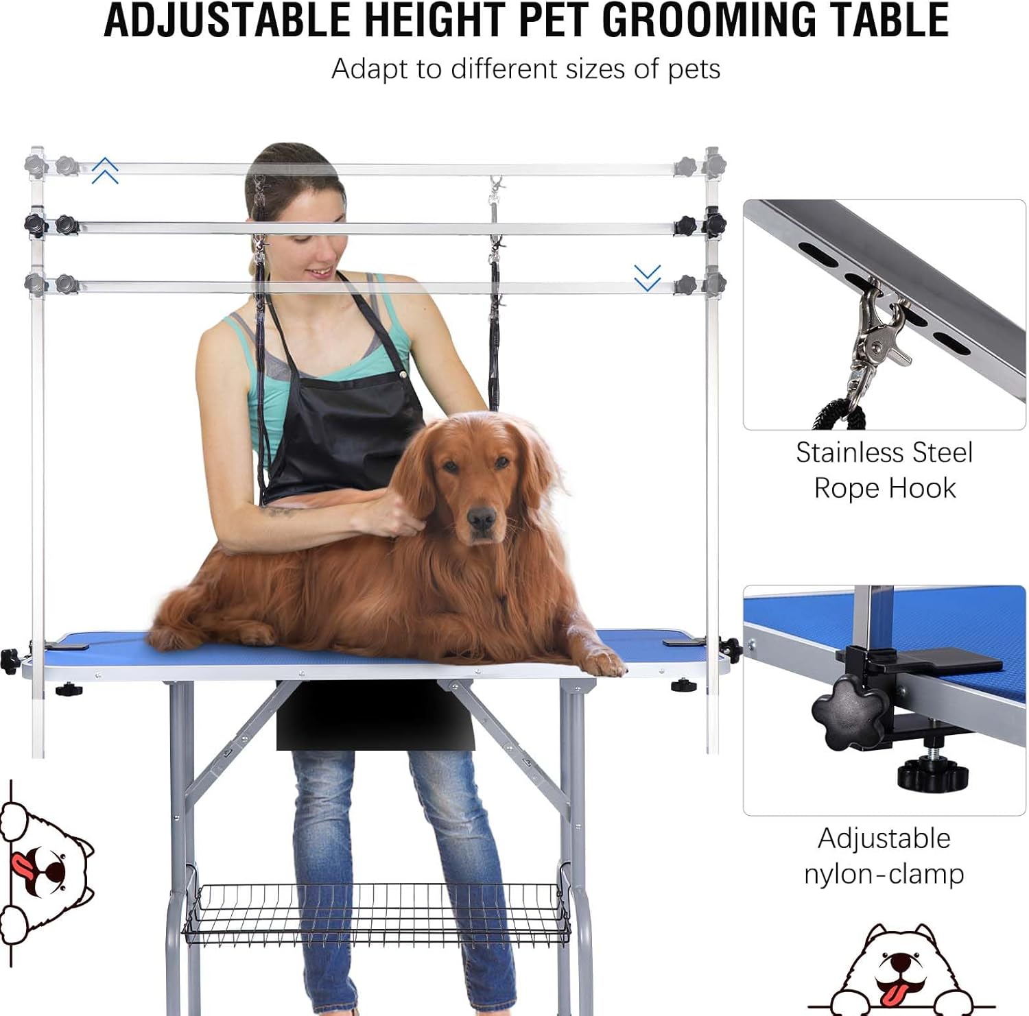 Mesa plegable de aseo para perros y mascotas, altura ajustable, mesa portátil de aseo para perros de 46 pulgadas con brazo y bandeja de malla,