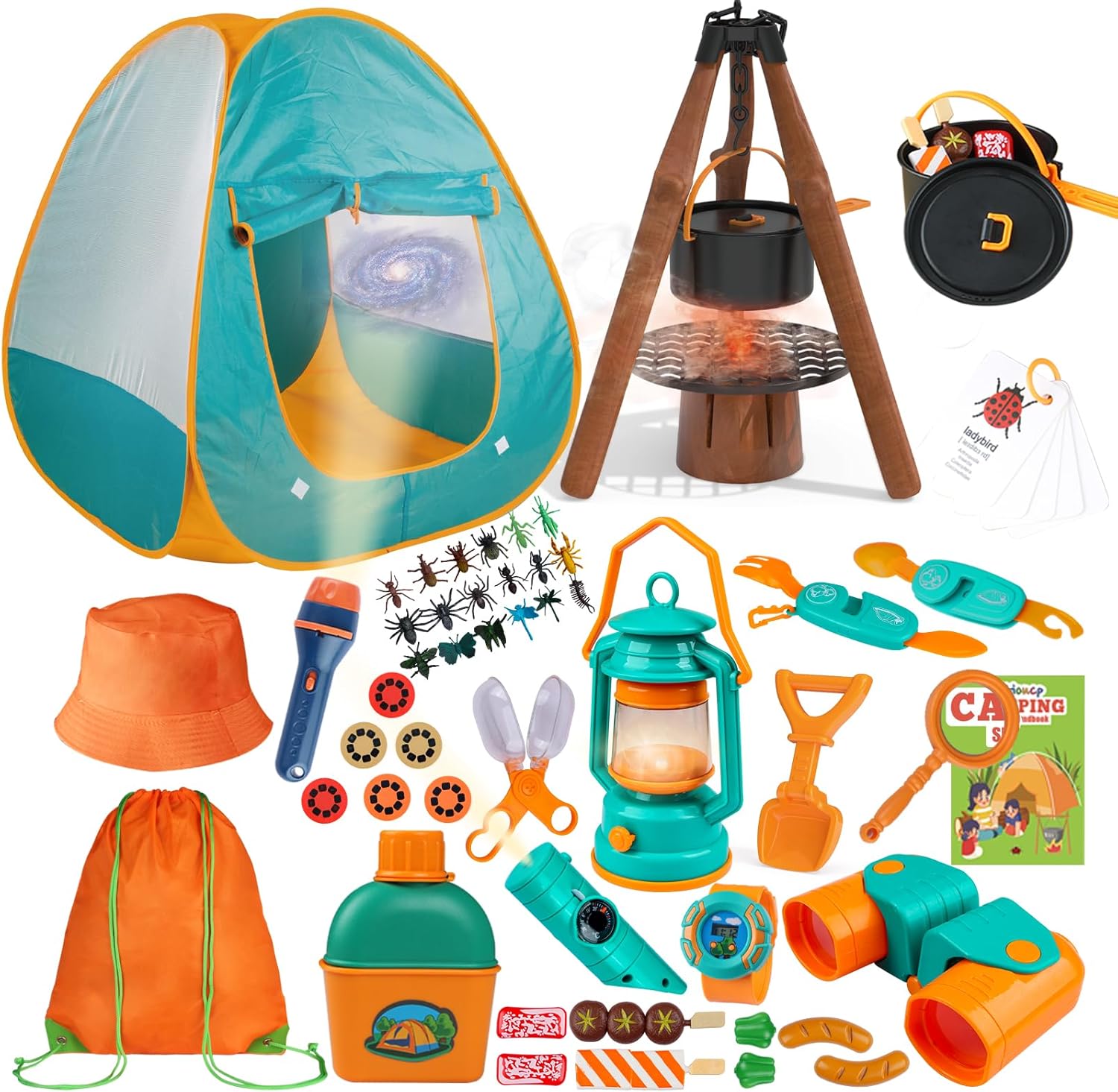 Juego de campamento para niños, 50 piezas con tienda de campaña y proyector espacial, juego de juguetes de fogata al aire libre para niños pequeños,