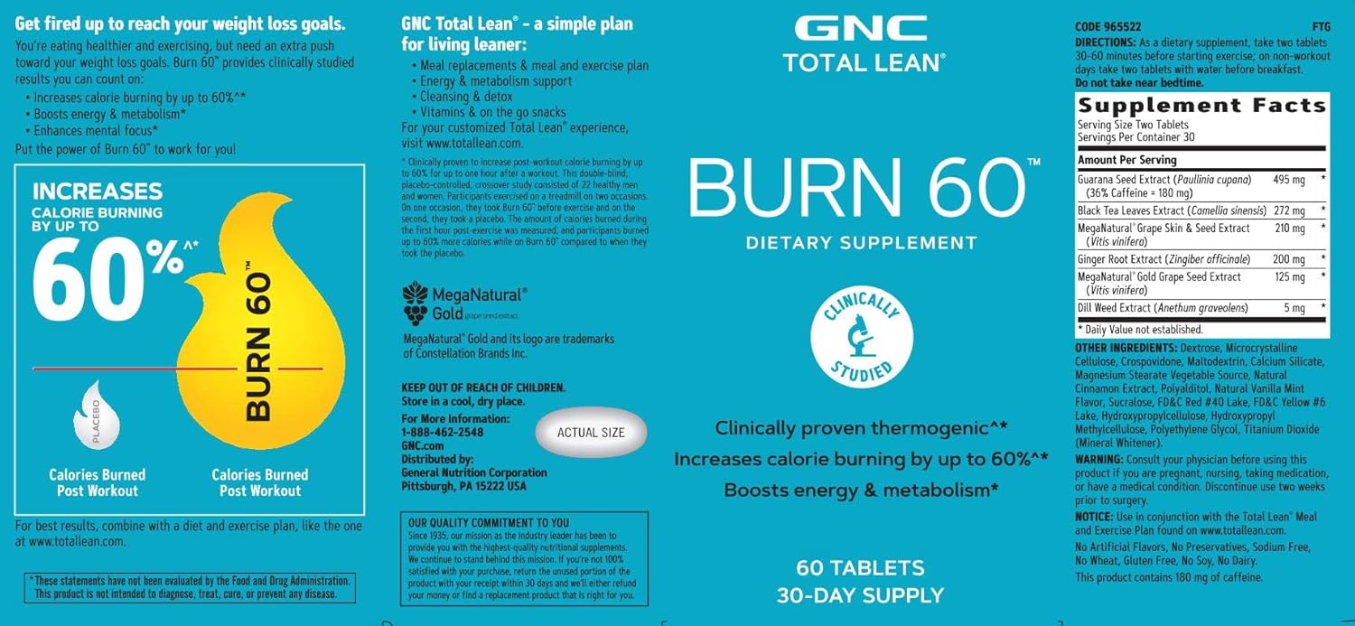 GNC Total Lean Burn 60 – Sabor a Canela, 60 tabletas por botella, termogénico para aumentar la energía y el metabolismo