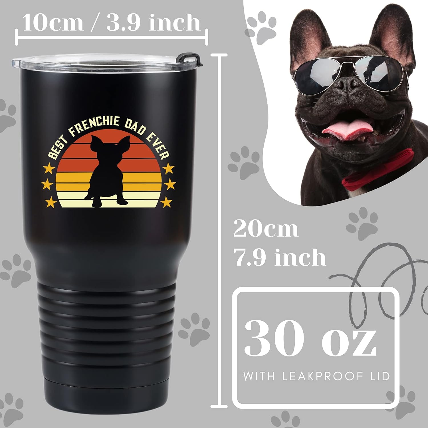 Onebttl Regalos de bulldog francés, regalos franceses, taza de viaje negra de 30 onzas, vaso aislado – Frenchie Dad