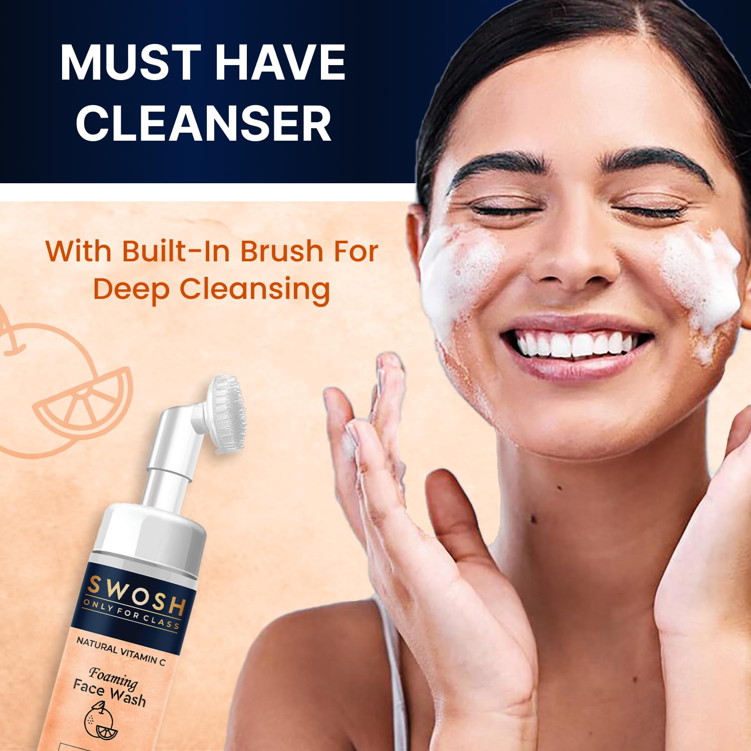 SWOSH Jabón facial espumoso natural con vitamina C para piel propensa a espinillas y grasas, sin parabenos, sulfatos, siliconas y color (con cepillo