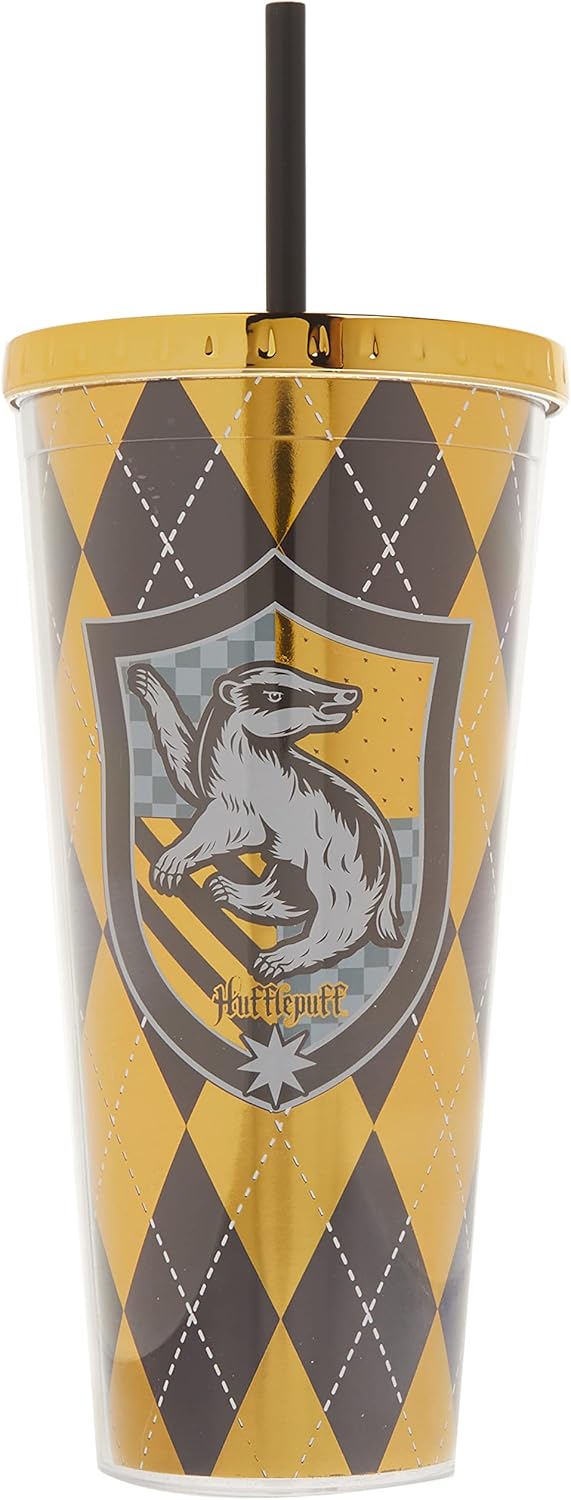 Spoontiques Harry Potter – Vaso de aluminio, con pajilla y diseño de Hufflepuff, 20 onzas, acrílico, color amarillo