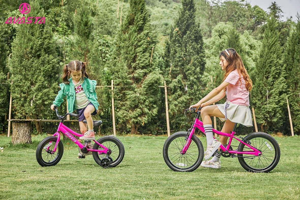 AVASTA Bilbo – Bicicleta infantil de 14, 18, 20 pulgadas, para niños de 3 a 10 años, con soporte y doble freno de mano, asiento ajustable, varios