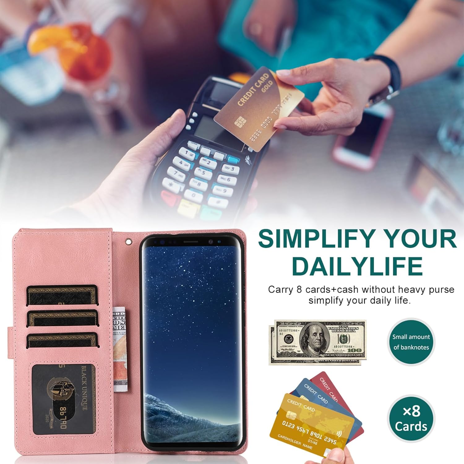Asuwish Compatible con Samsung Galaxy S8 Active – Funda tipo cartera con protector de pantalla y cremallera de cuero retro, soporte para tarjetas,