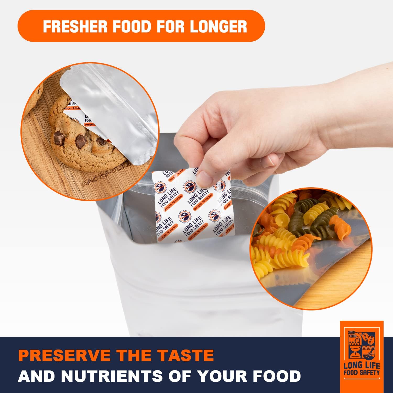 Absorbentes de oxígeno de 3000 cc y 500 cc para almacenamiento de alimentos  3 veces la capacidad de absorción de oxígeno  Extiende la vida útil y
