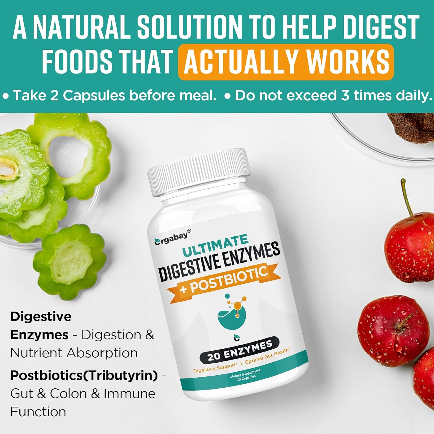 Orgabay Enzimas digestivas de 1000 mg con postbióticos, mezcla de 20 enzimas para hinchazón, digestión óptima y función intestinal, 120 cápsulas