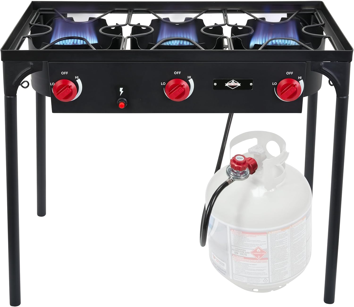 Hike Crew Estufa de gas para exteriores de 3 quemadores de encendido automático, 225,000 BTU con control de llama azul, patas extraíbles, perillas