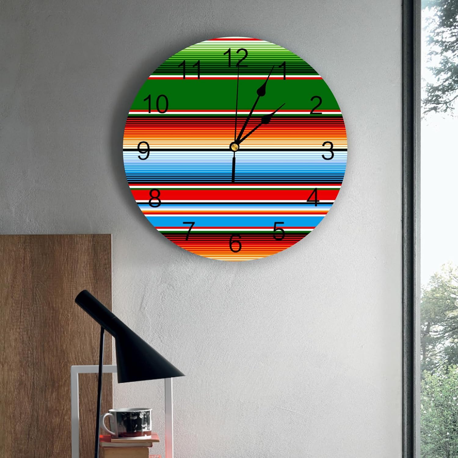 Reloj de pared silencioso de 10 pulgadas, sin tictac, verde, rojo, naranja, azul, rayas mexicanas, reloj decorativo redondo para sala de estar,