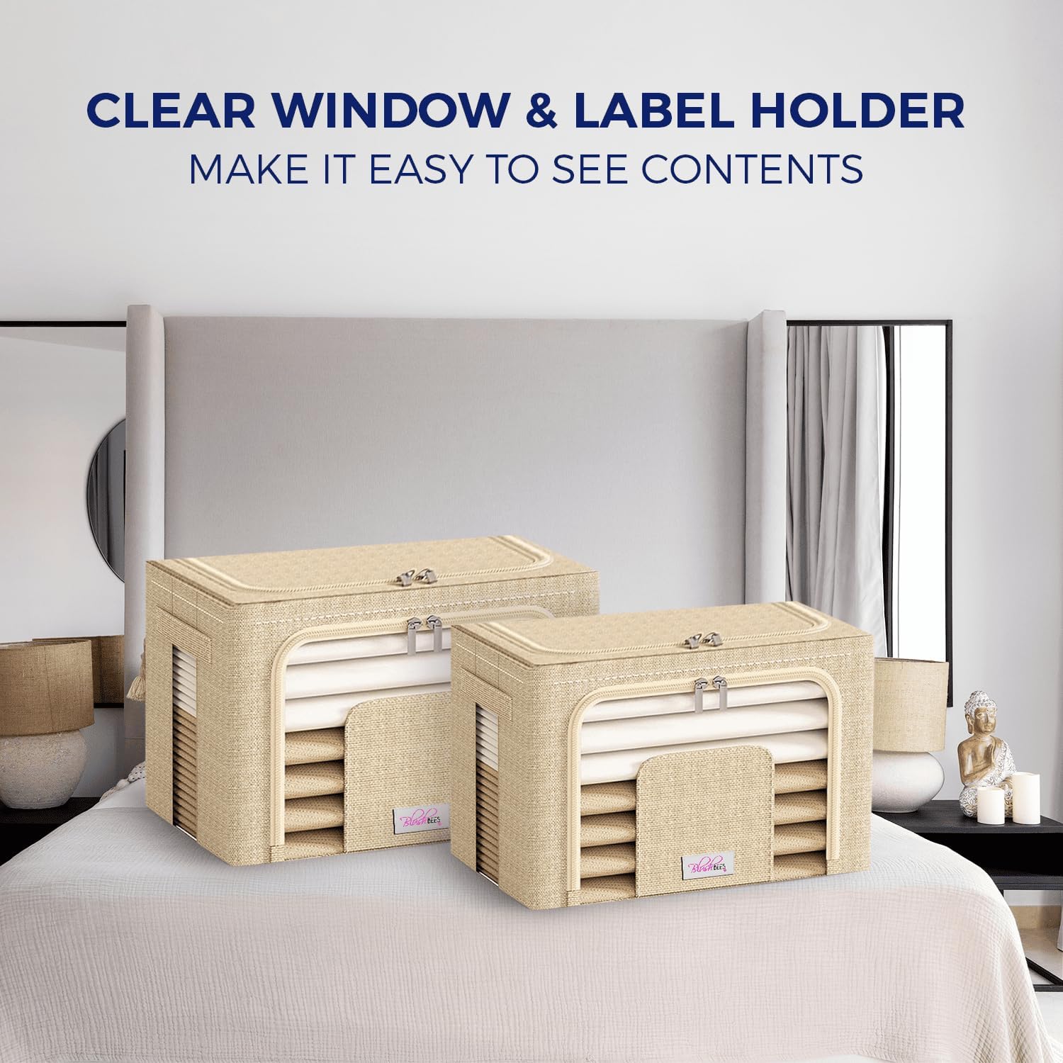 Blushbees Cajas de almacenamiento plegables de tela Oxford para ropa, colchas, lino con soportes de metal (paquete de 4 cajas, tamaño grande de 20 x