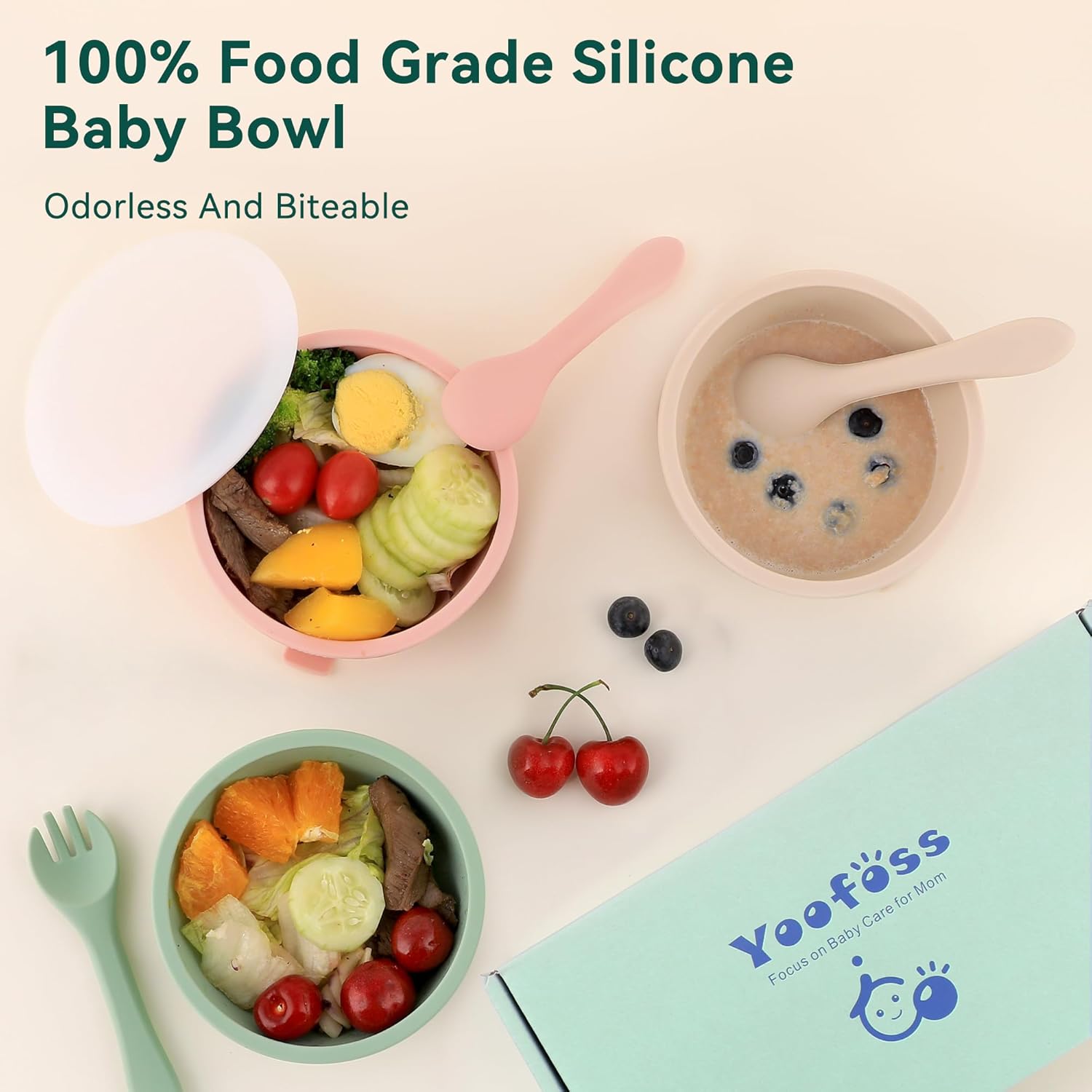 Yoofoss Cuencos para bebés con ventosa, cuencos para niños pequeños con tapas, juego de alimentación 100% de silicona, incluye 2 paquetes de