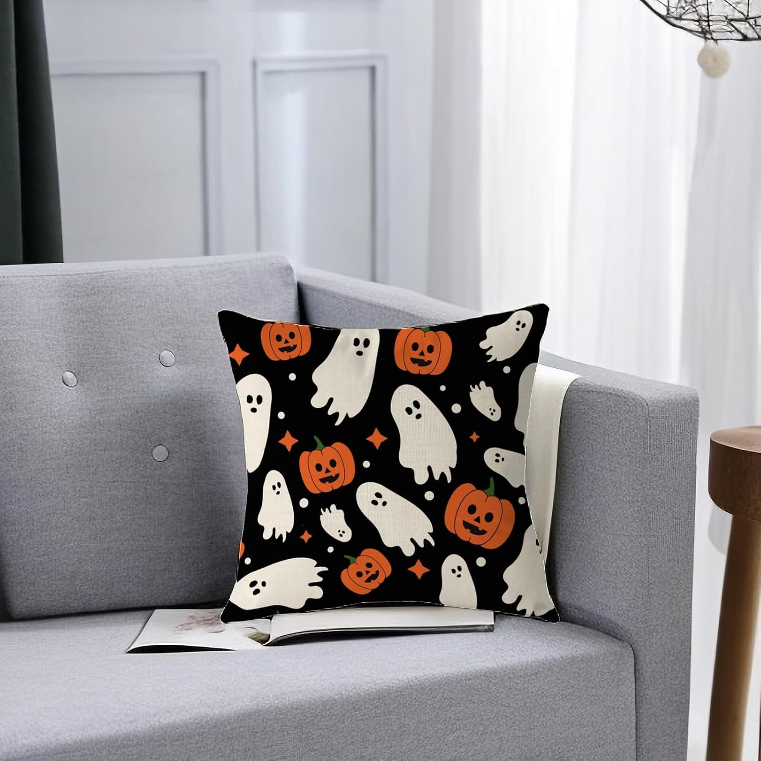 Aitukang Juego de 2 fundas de almohada de Halloween de 16 x 16 pulgadas, diseño de calabaza, fantasma, estrellas, para exteriores, para el hogar,