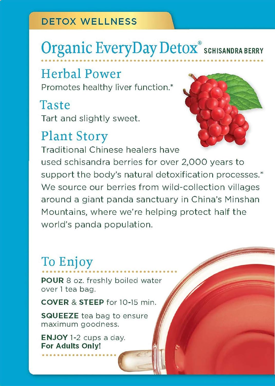 Traditional Medicinals Organic EveryDay Detox Schisandra Berry Té de hierbas, apoya la función hepática saludable, (paquete de 1)  16 bolsas de té