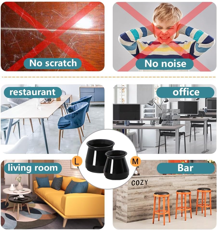 Protectores de suelo para patas de silla, 24 piezas de fieltro de silicona negra, almohadillas para patas de muebles, cubiertas para pisos de madera
