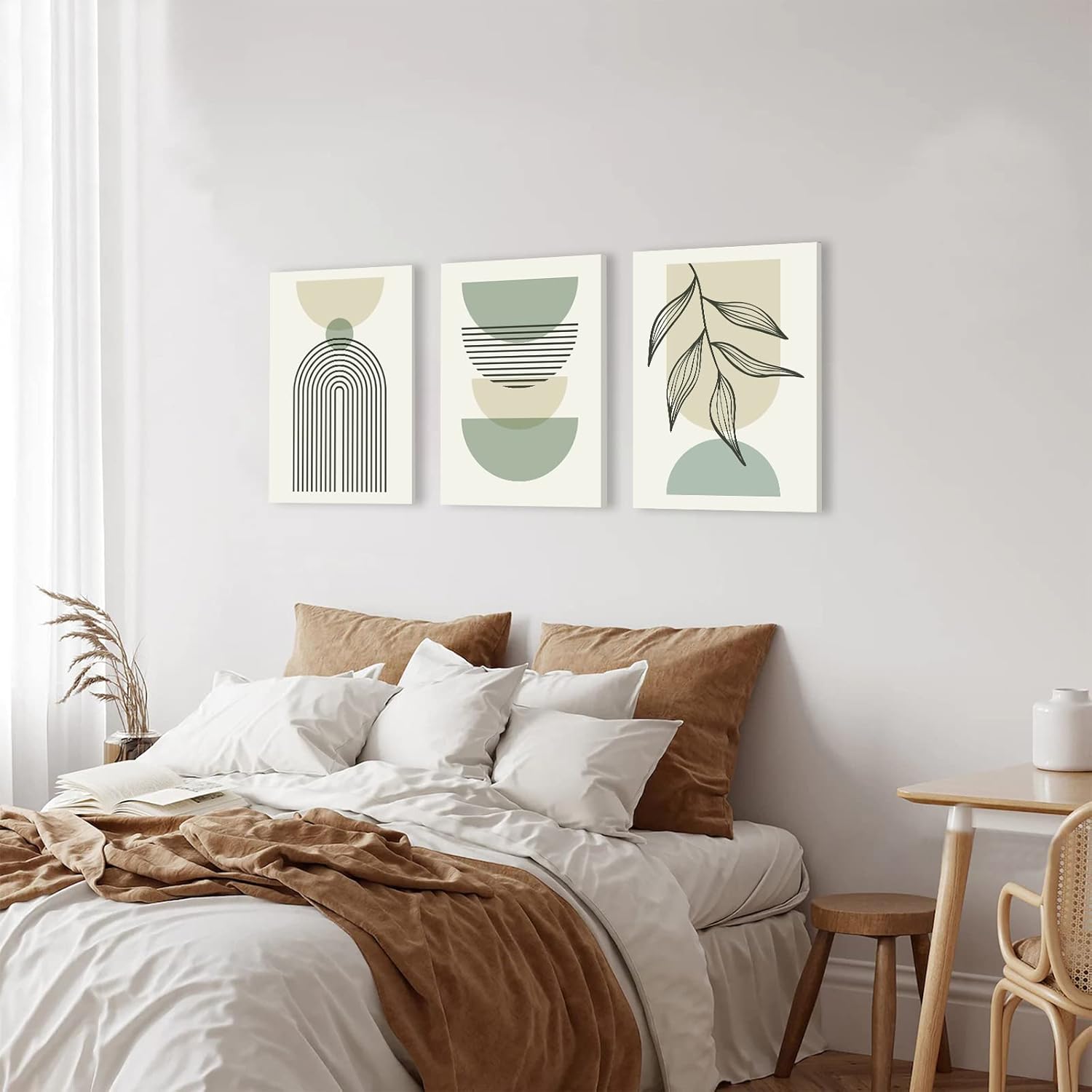 Juego de 3 arte de pared bohemio verde salvia, arte minimalista enmarcado para pared, arte de pared con líneas geométricas de hoja, lienzo beige y