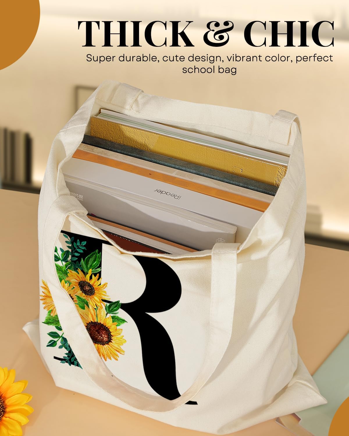 AUSVKAI Bolsa de lona estética para mujer, lindas bolsas de girasol con iniciales de moda con asa para comestibles
