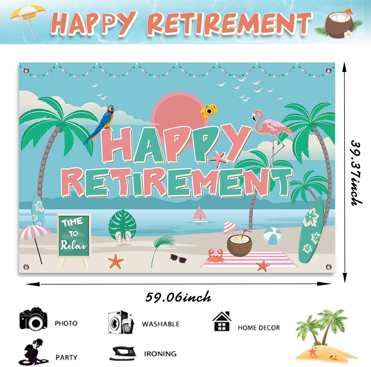 5 carteles con texto en inglés “Hawaii Luau Happy Retirement” de 3 pies para fiesta de jubilación, decoración tropical de feliz jubilación, cabina