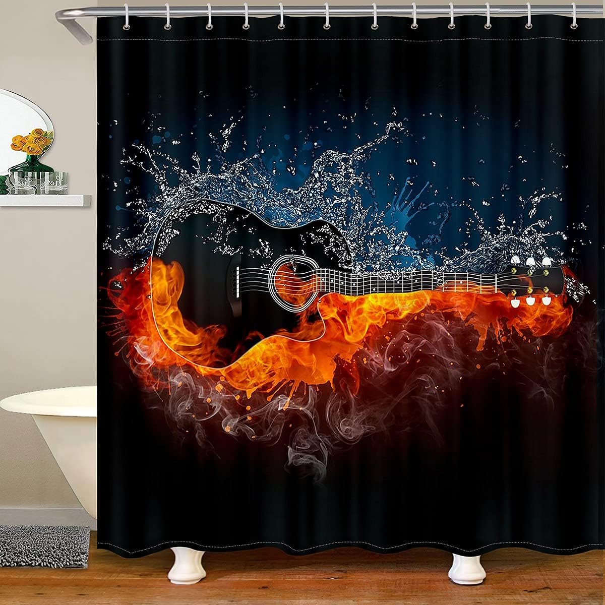 Erosebridal Cortina de ducha de guitarra eléctrica 3D de 72 pulgadas de ancho x 78 pulgadas de largo, cortina de baño con llama, cortina de baño
