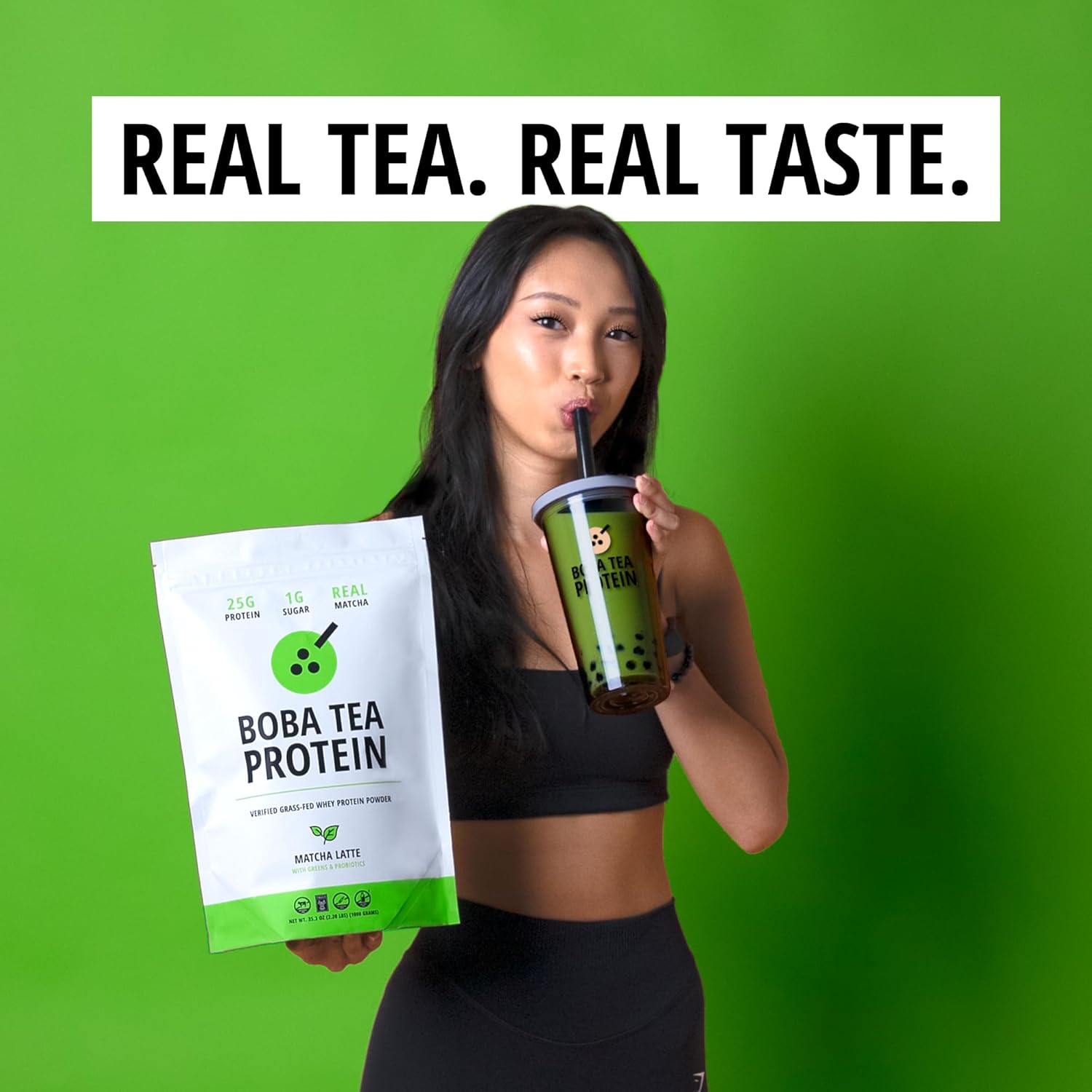 Boba Tea Protein Matcha Latte  25g Grass-Fed Whey Protein Isolate Powder  Gluten-Free & Soy-Free Bubble Tea Protein Drink  Real Ingredients &